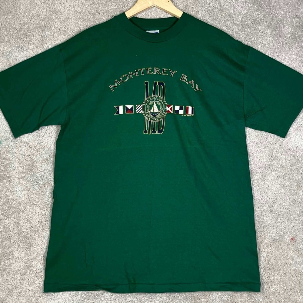 Vintage Monterey Bay 1993 T-Shirt Mens Large Green Nautical Beefy-T USA Hanes